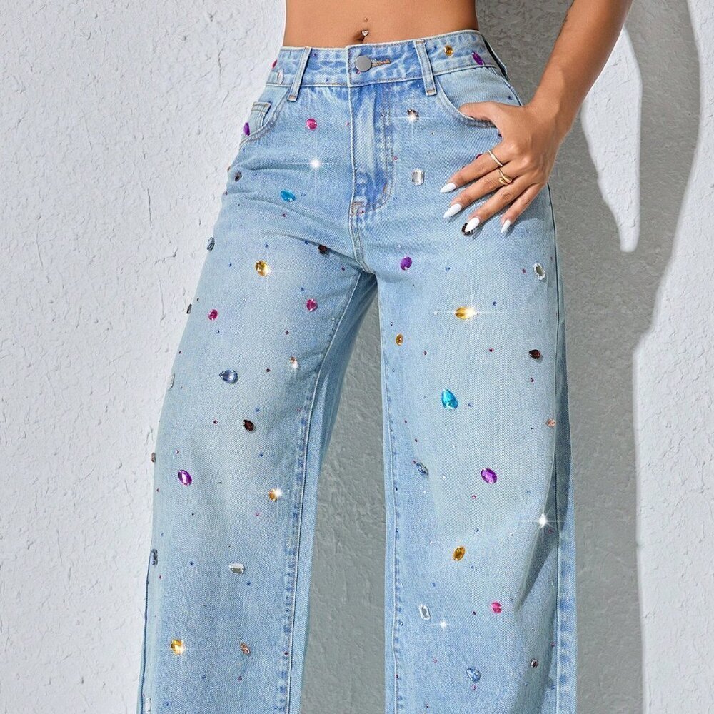Blue Casual Women's Pearl Decor Low Waist Wide Leg Jeans With Slant Pockets - Picture 6 of 6